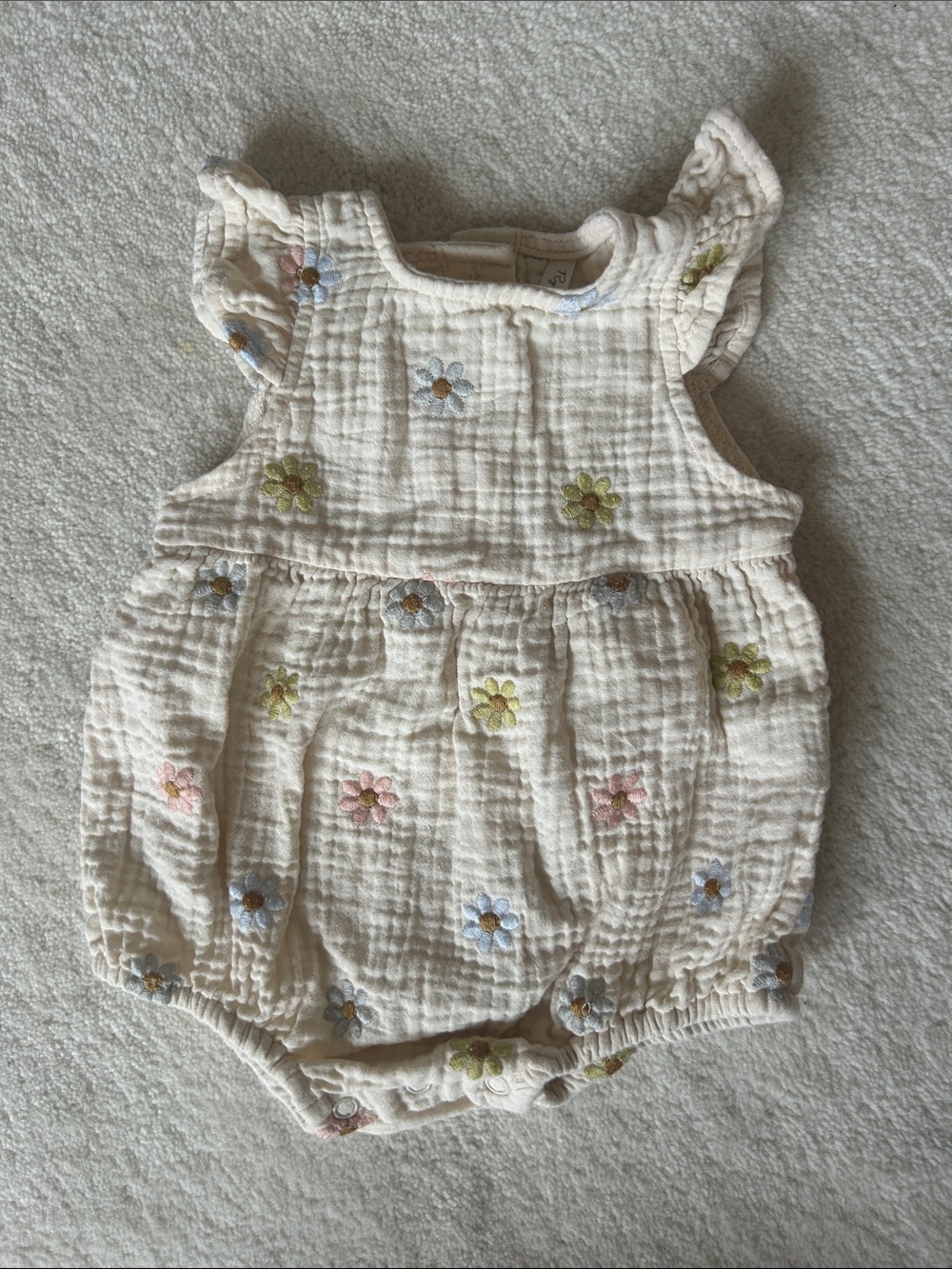 Rylee + Cru Cream Muslin Baby Romper with Pastel Flower Embroidery